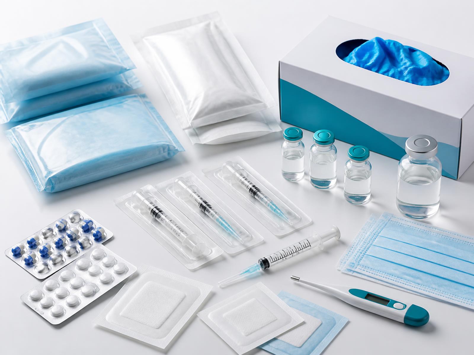 Sortierte medizinische Verbrauchsmaterialien und Verpackungen